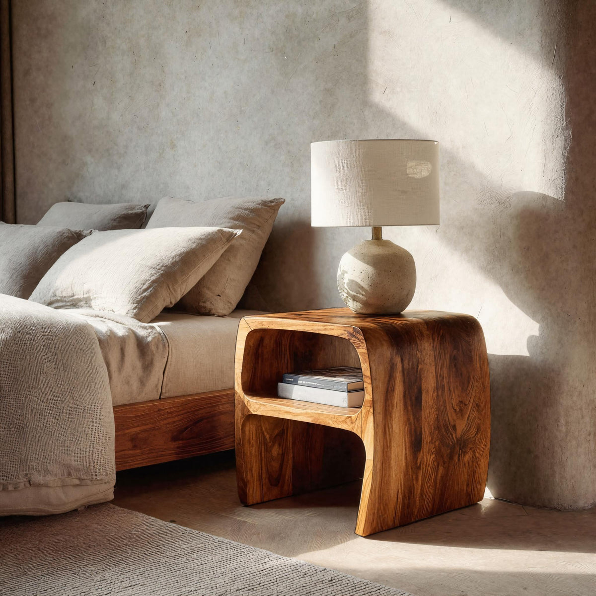 Modern Sculptural Nightstand With Open Storage For Bedroom